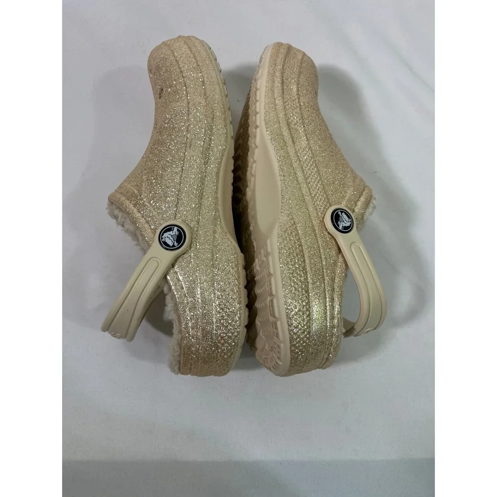 Kids Crocs Glitter Lined Faux Fur‎ Clogs Sparkle Cozy Gold/Cream Size J3
